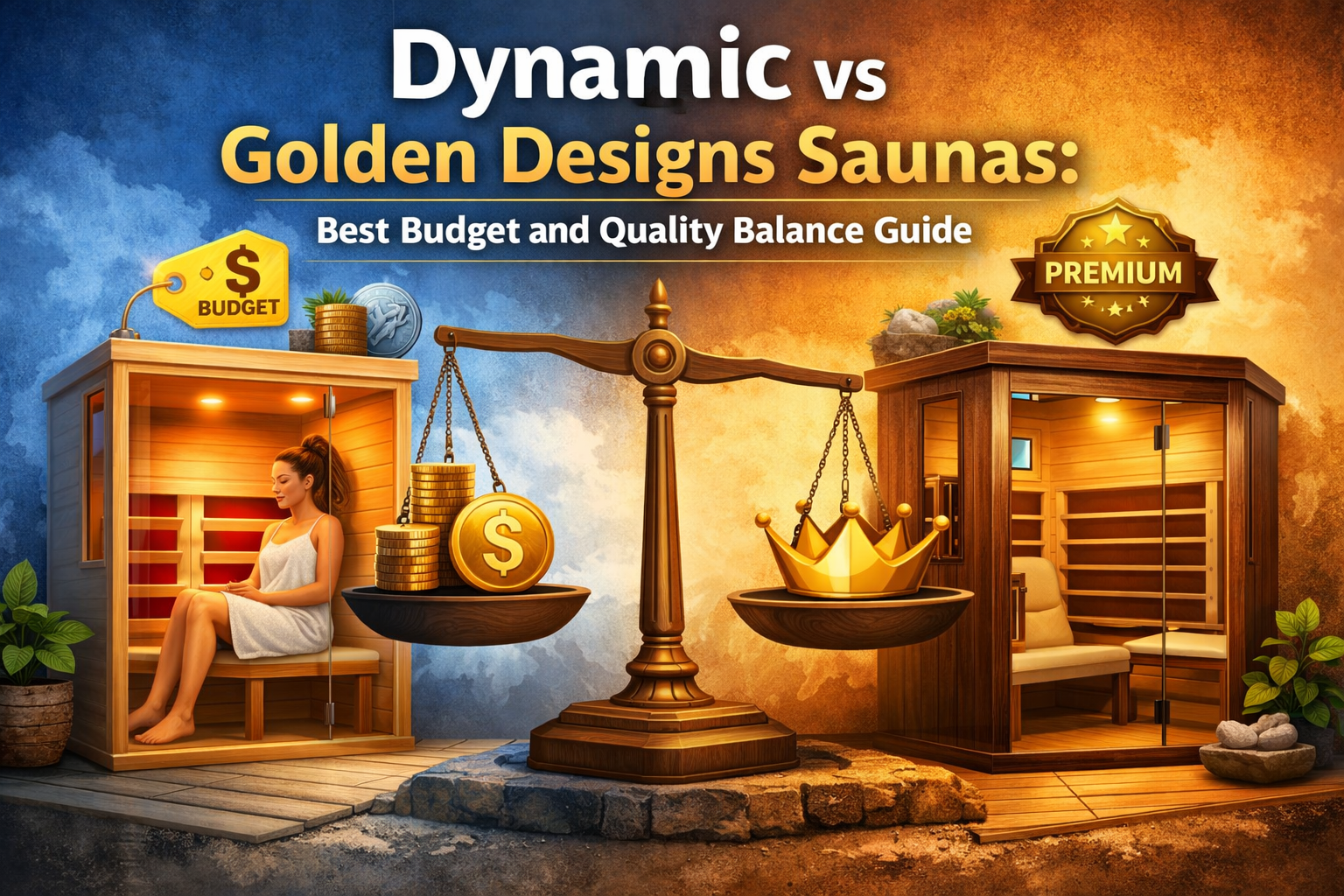 Dynamic vs Golden Designs Saunas Comparison Image Showing Budget vs Premium Sauna Quality with Balance Scale Graphic