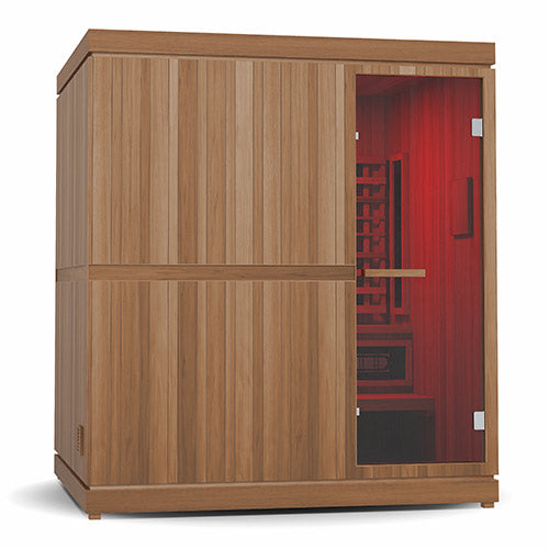 Finnmark Trinity hybrid sauna with cedar exterior and red light therapy visible through the glass door
