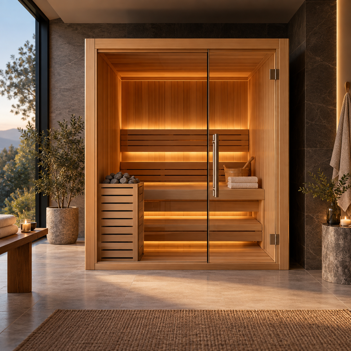 Modern cedar home sauna in a luxury residential wellness room