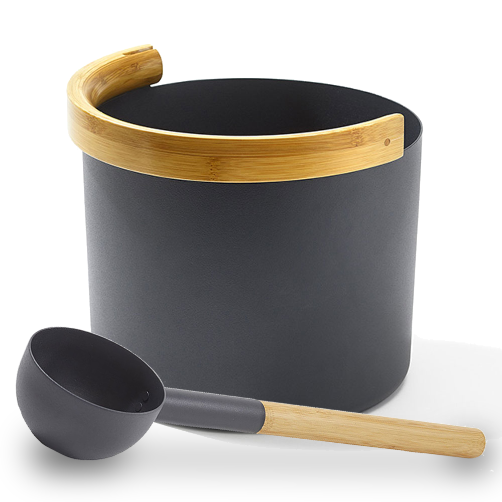 KOLO Sauna Set 2 – Bamboo & Aluminum Sauna Bucket with Ladle (1 Gallon, Black or White)