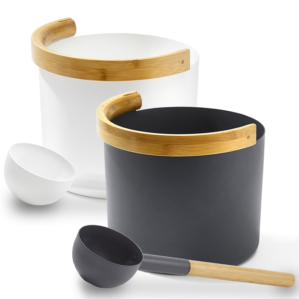KOLO Sauna Set 2 – Bamboo & Aluminum Sauna Bucket with Ladle (1 Gallon, Black or White)