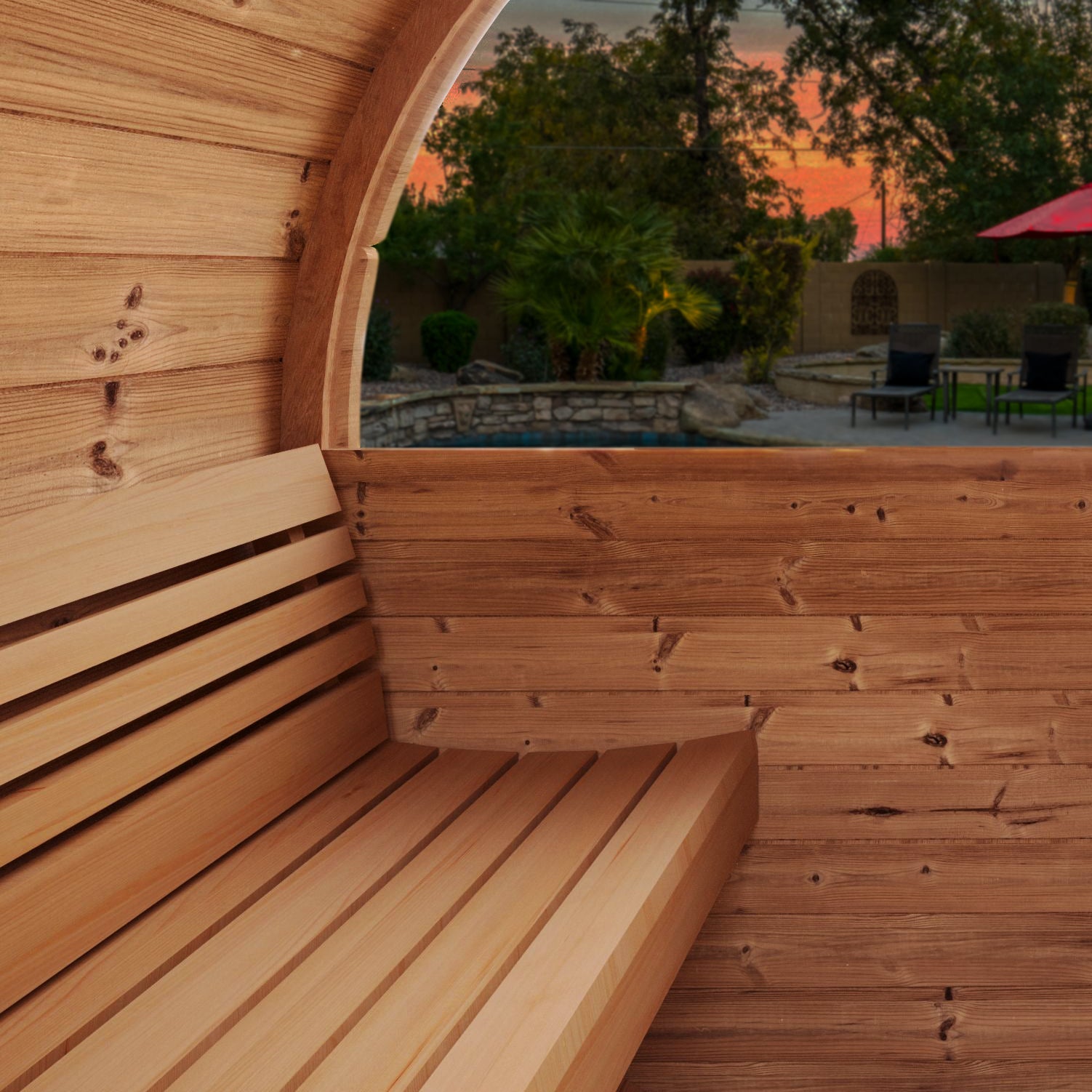 SaunaLife Model E8W Outdoor Barrel Sauna – 6-Person Thermo-Spruce Sauna with Panoramic Window
