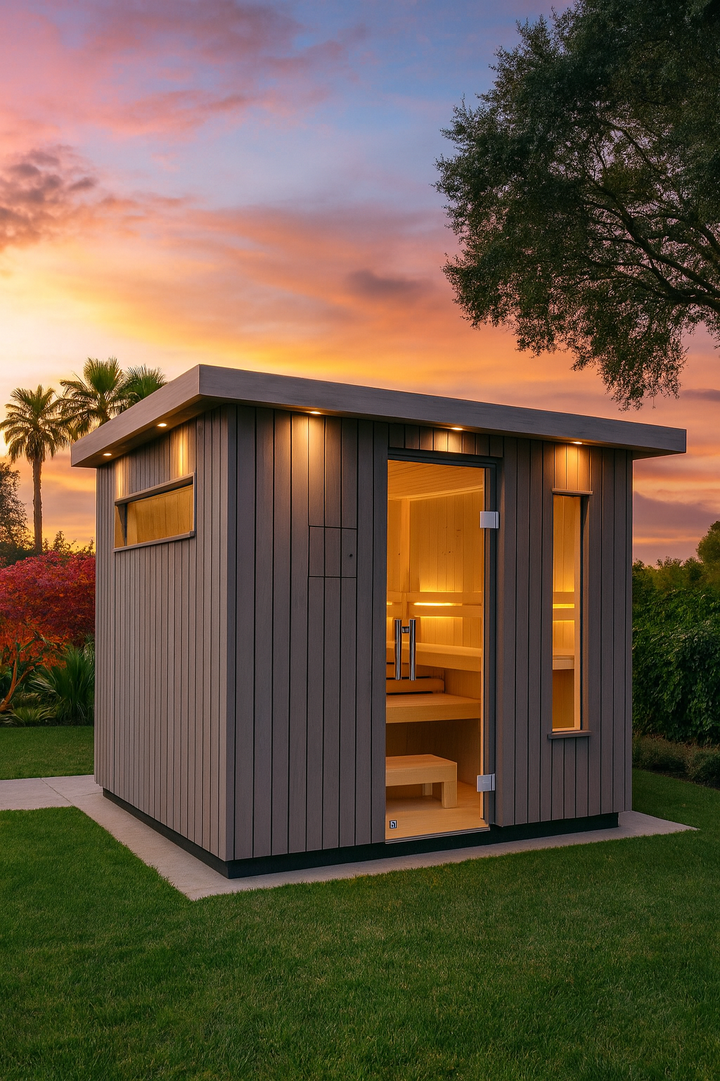Kohler C2 weathered grey spruce outdoor sauna lifestyle image