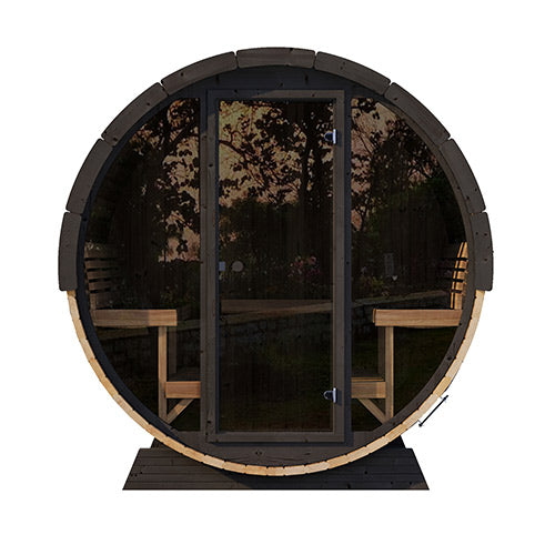 SaunaLife Model EE8G Outdoor Barrel Sauna – 6-Person Glass Front Thermo-Spruce Sauna