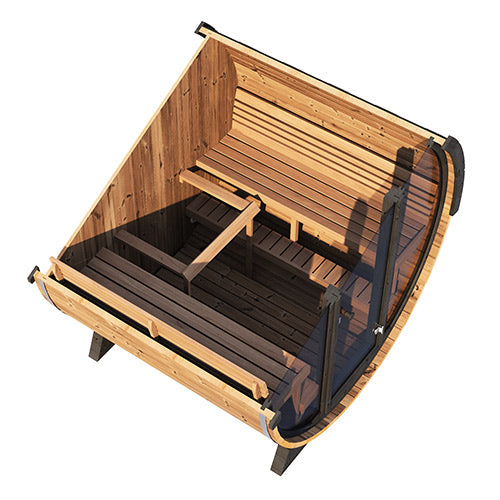 SaunaLife Model EE8G Outdoor Barrel Sauna – 6-Person Glass Front Thermo-Spruce Sauna