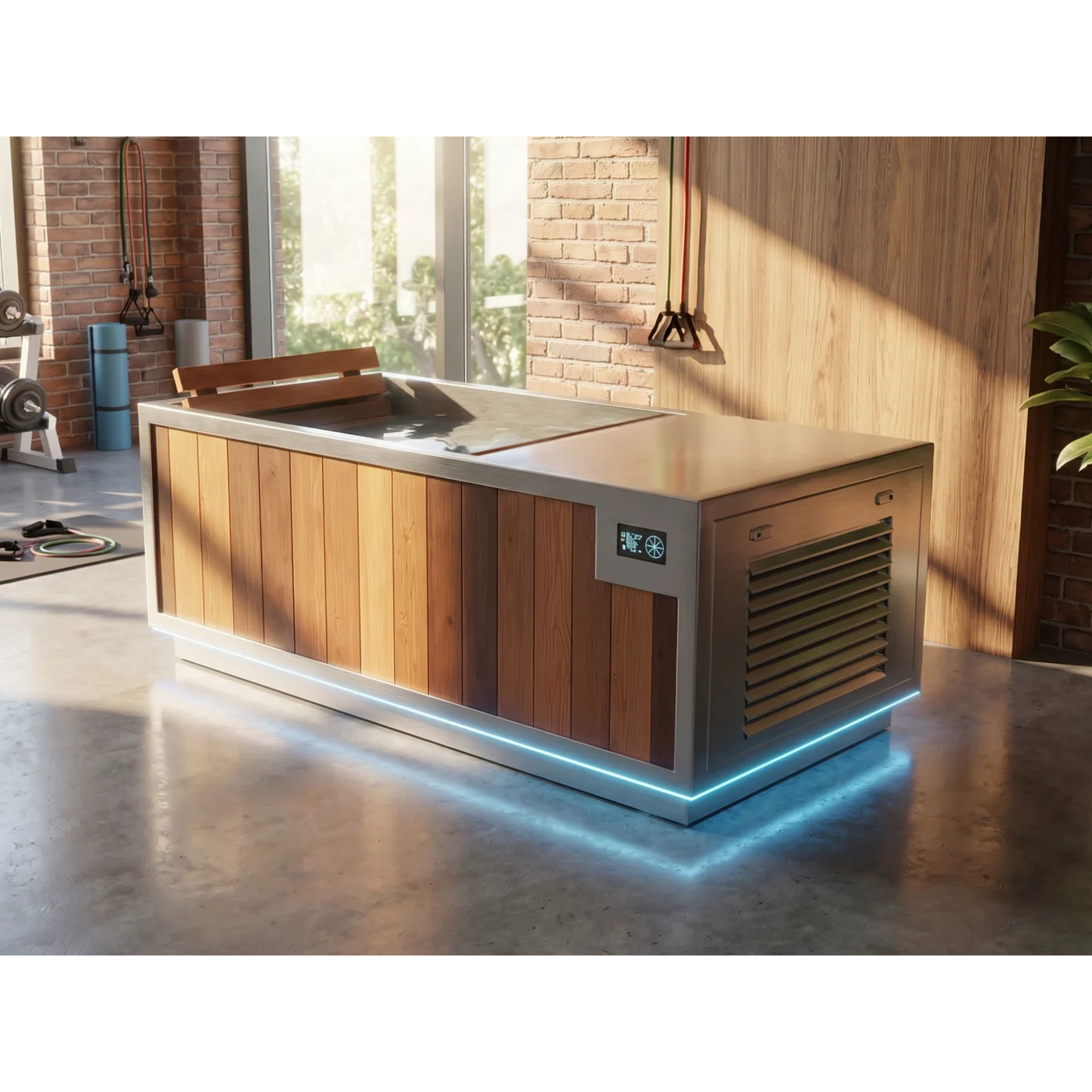 A modern freestanding ice bath or plunge tank with a brushed metal exterior, wood paneling, a digital control display, and a glowing blue LED light strip along the base, shown in a real indoor gym or workshop environment with brick walls and windows.