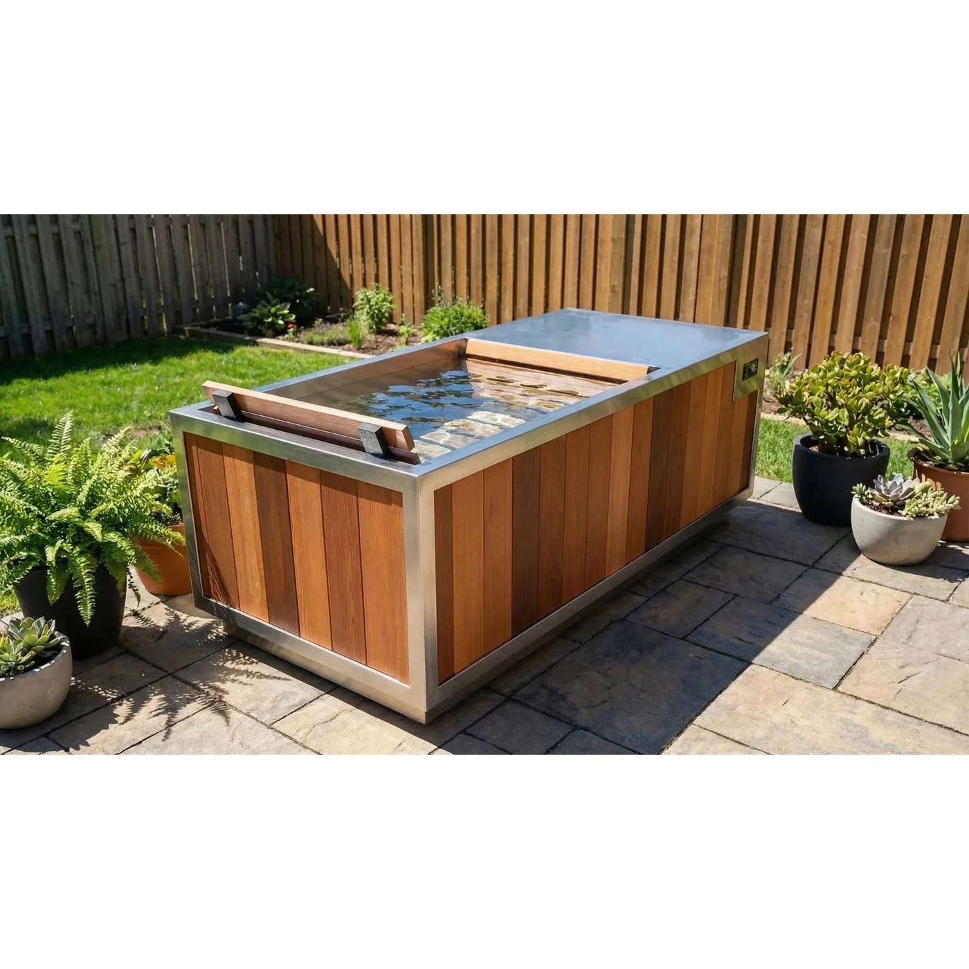 Finnmark SoulCold cold plunge on an outdoor stone patio, filled with water, surrounded by potted plants, ferns, and succulents with a wood fence and grass backyard visible in the background