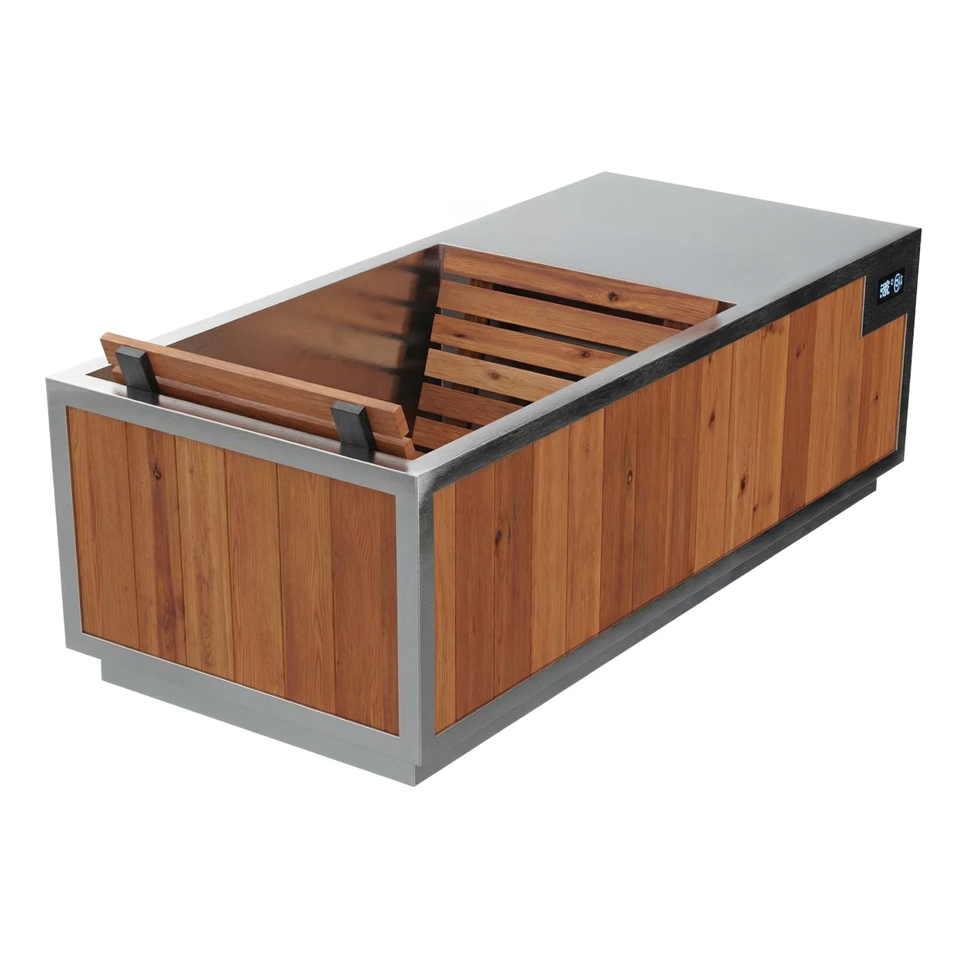 Finnmark SoulCold cold plunge with natural cedar wood exterior paneling, brushed stainless steel frame, and a slatted wood cover propped open to reveal the copper-toned interior basin and digital control panel