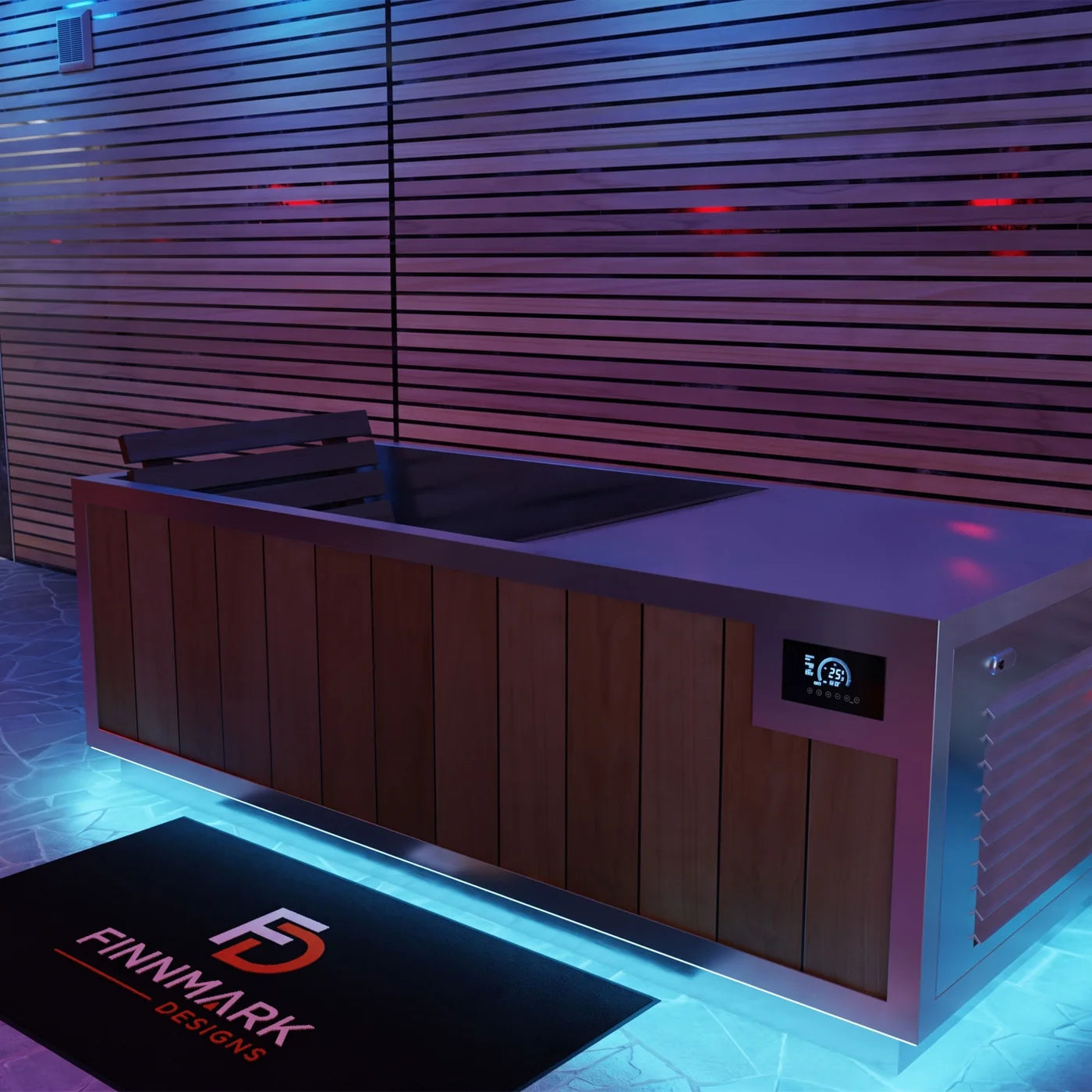 Alt Text:
Finnmark SoulCold cold plunge with digital temperature display showing 25 degrees, cedar wood paneling, blue LED under-lighting, and a black Finnmark Designs branded floor mat, set against a wood slat wall with ambient red and blue lighting