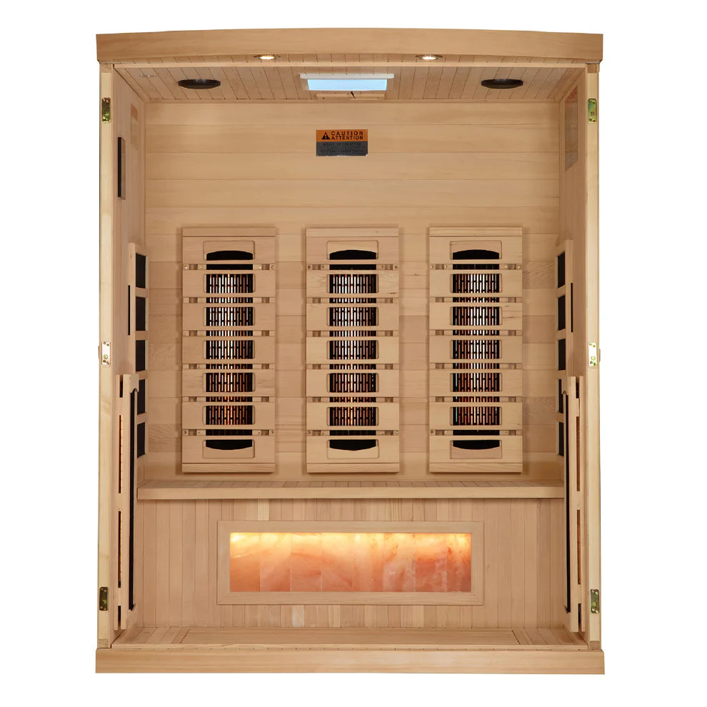 2025 Golden Designs Reserve Edition 3 Person Full Spectrum Infrared Sauna GDI-8030-03 - Direct Front View Showing Full Spectrum Carbon Heating Panels, Himalayan Salt Bar, Overhead Lighting and Glass Door