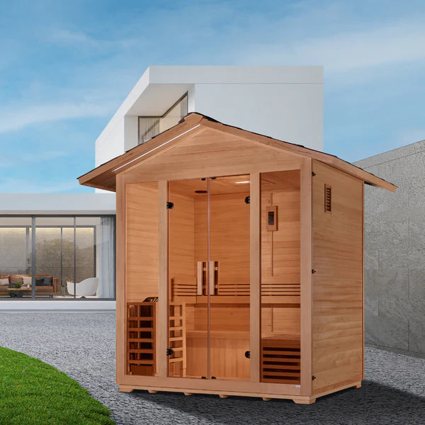 Golden Designs Vorarlberg 5 Person Outdoor Traditional Sauna – Hemlock, 8kW Stove, Bluetooth & Chromotherapy(GDI-8105-01)
