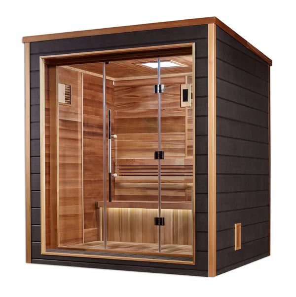 Golden Designs Drammen 3 Person Traditional Sauna GDI-8203-01 - Angled View Showing Dark Exterior Panels, Full Glass Double Door and Canadian Cedar Interior with LED Floor Lighting