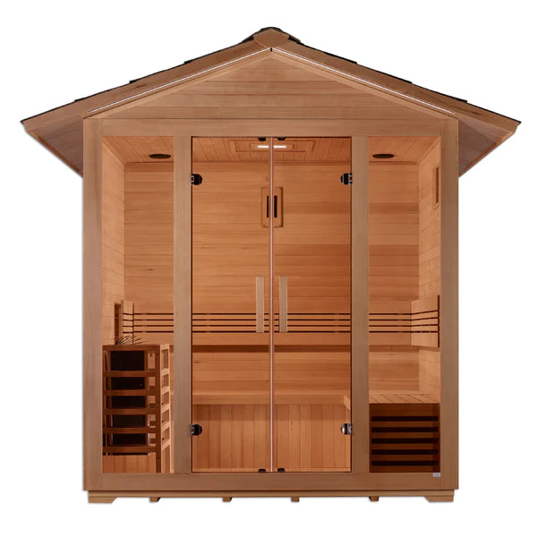 Golden Designs Vorarlberg 5 Person Outdoor Traditional Sauna – Hemlock, 8kW Stove, Bluetooth & Chromotherapy(GDI-8105-01)