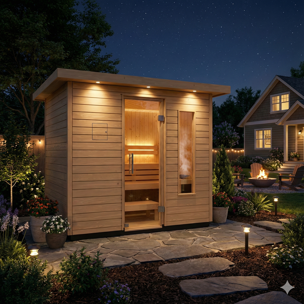Kohler C2 Douglas fir outdoor sauna lifestyle image