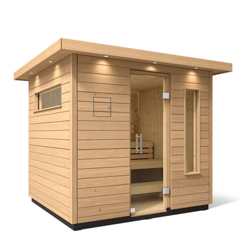 outdoor sauna with LED roof lighting