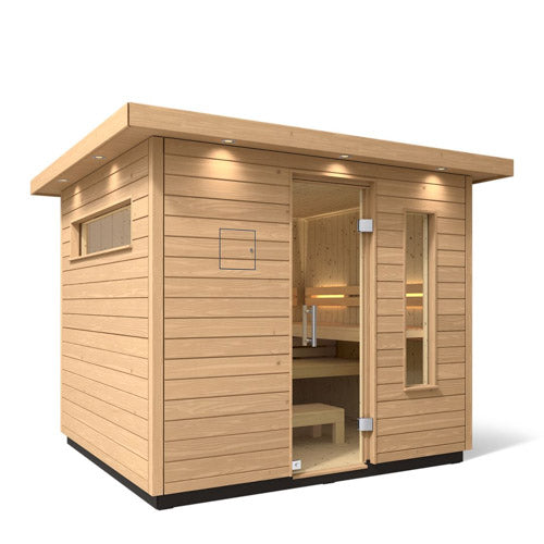 Kohler C2 Douglas fir outdoor sauna vertical window view
