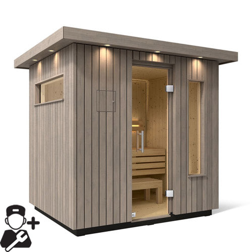 Kohler C2 outdoor sauna weathered grey spruce three-person installation view