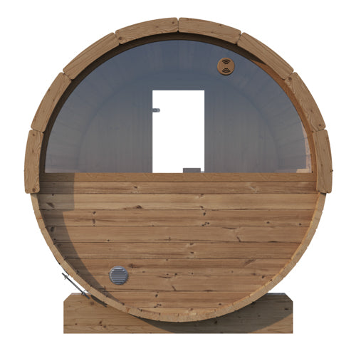 SaunaLife Model E7W Outdoor Barrel Sauna – 4-Person Thermo-Spruce Sauna with Panoramic Rear Window