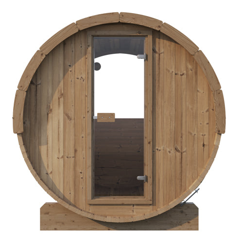 SaunaLife Model E7W Outdoor Barrel Sauna – 4-Person Thermo-Spruce Sauna with Panoramic Rear Window