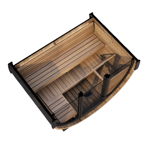 SaunaLife Model EE6G Outdoor Barrel Sauna – 4-Person Glass Front Thermo-Spruce Sauna