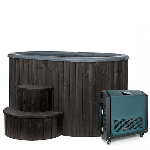 SaunaLife Model S2BC black 2-person cold plunge tub with matching steps and AP-1 chiller heater unit