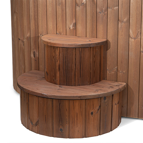 Close-up of the two-tier Thermo-Spruce wood steps on the SaunaLife S2N tub