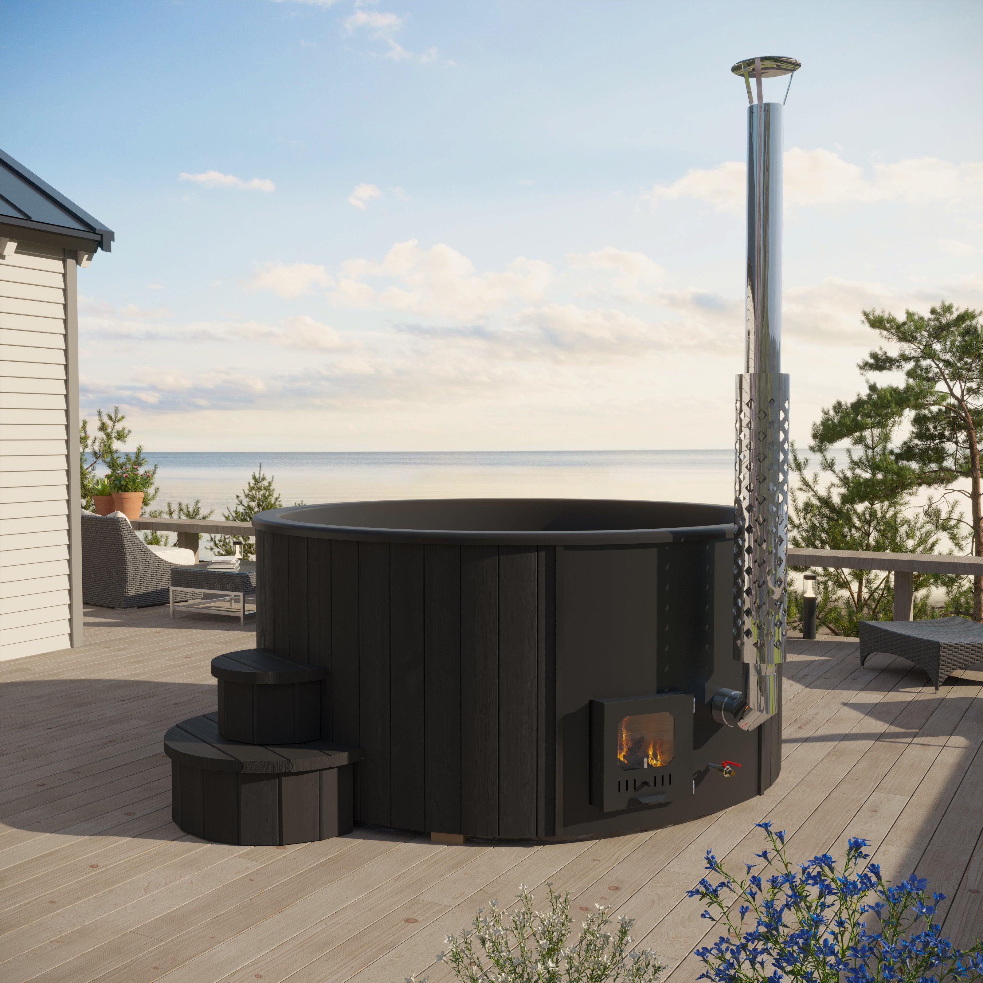 SaunaLife Model S4B – Soak-Series Wood-Burning Hot Tub (Black Finish, Up to 6 Persons)