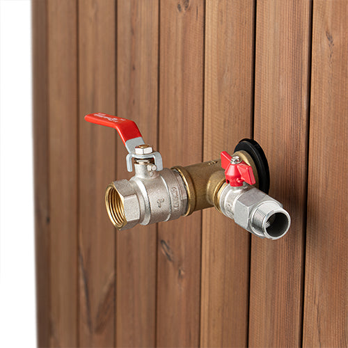 Close-up of the drain and chiller connection valves on the SaunaLife S2N tub exterior