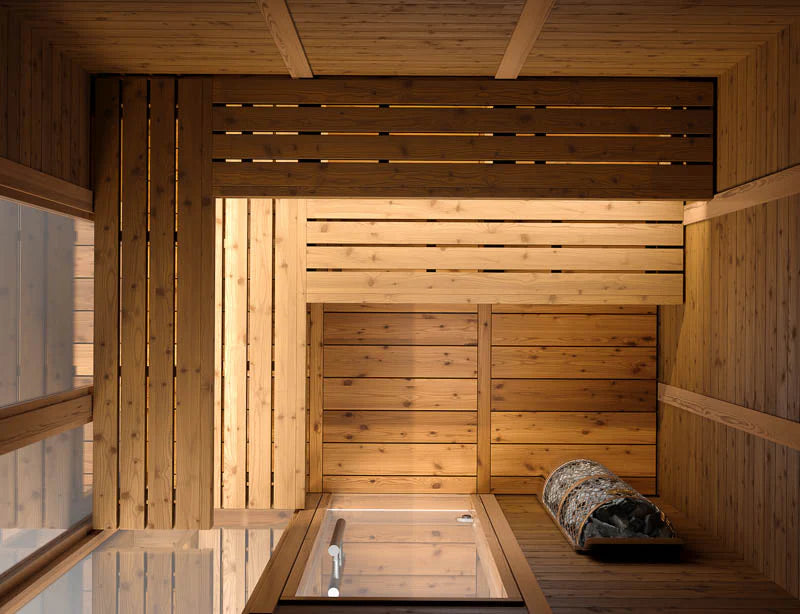 Superior Saunas Thermory Mod6 Traditional Outdoor Sauna - Overhead View of Thermory Wood Interior Ceiling and Benches