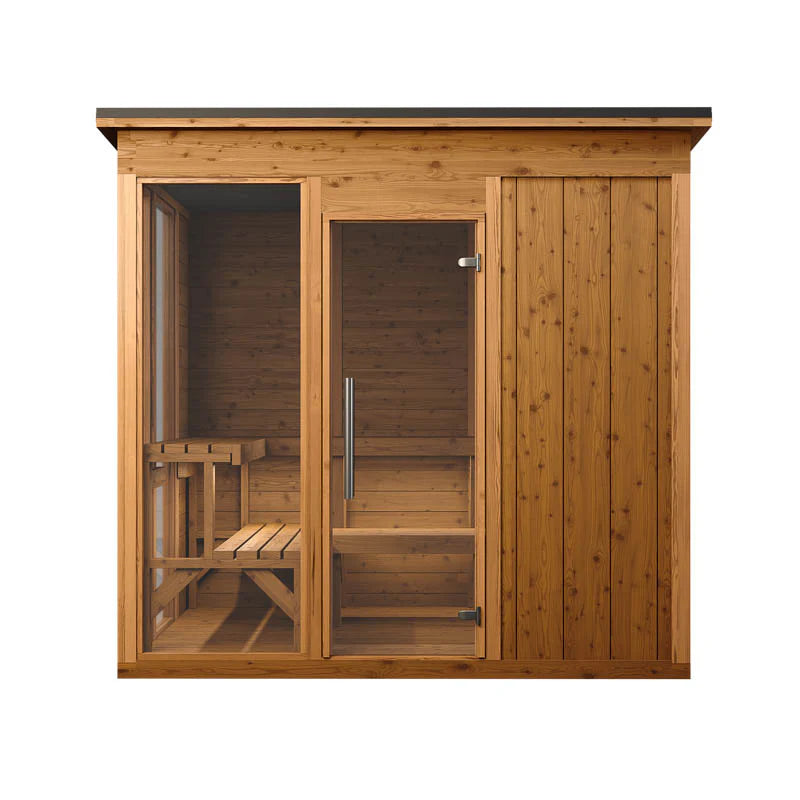 Superior Saunas Thermory Mod6 Traditional Outdoor Sauna - Front View with Glass Door and Thermory Wood Exterior