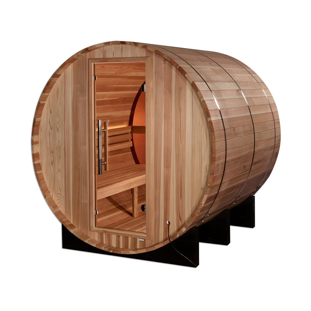 Golden Designs “Zurich” 4-Person Barrel Traditional Sauna (Pacific Cedar) — Bronze Privacy View (GDI-B024-01)