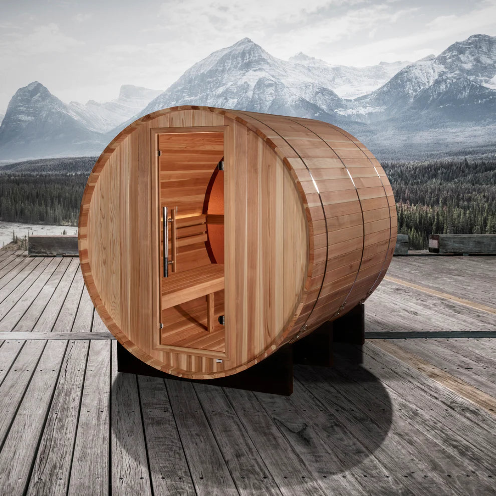 Golden Designs “Zurich” 4-Person Barrel Traditional Sauna (Pacific Cedar) — Bronze Privacy View (GDI-B024-01)