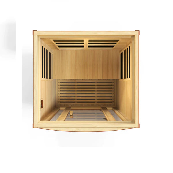 Interior bench layout of Dynamic San Marino 2 person low EMF FAR infrared sauna for home use