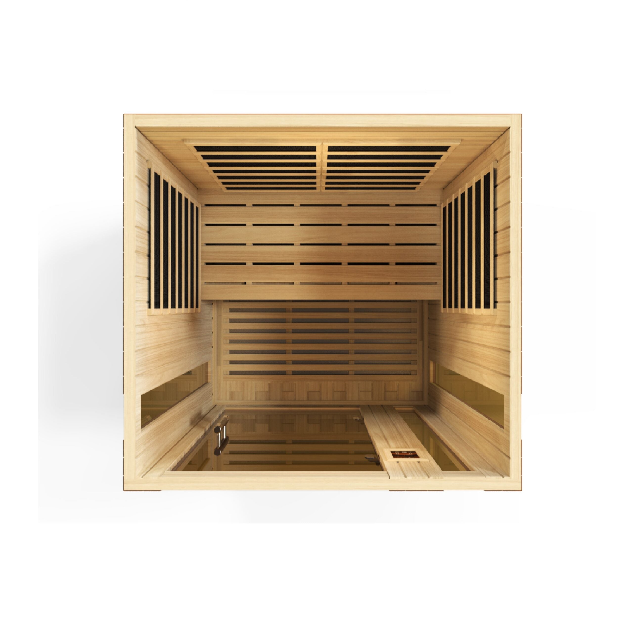 Top interior view of Dynamic Vittoria 2 person low EMF FAR infrared sauna showing ceiling, side, and rear carbon heaters