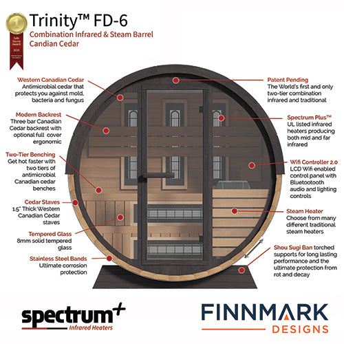 Finnmark FD-6 Cedar Combination Barrel Sauna — Infrared + Traditional 6x6 Outdoor