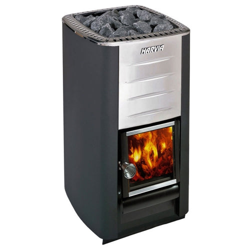 Harvia M3 wood-burning sauna stove front view in black and silver