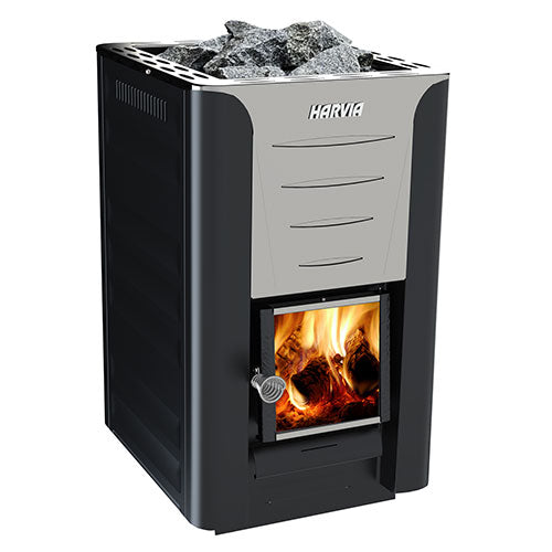 Harvia Pro 20 wood-burning sauna stove front view with glass door