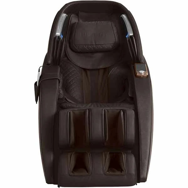 Front view of the Infinity Dynasty 4D massage chair in brown featuring L-Track roller system, Zero Gravity recline, full body air massage, and advanced foot reflexology