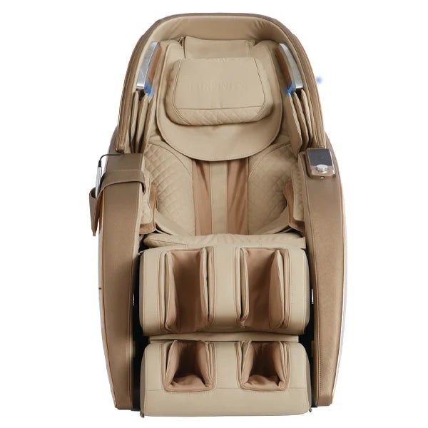 Front view of the Infinity Dynasty 4D massage chair in gold and tan featuring L-Track roller system, Zero Gravity recline, full body air compression massage, and advanced foot reflexology