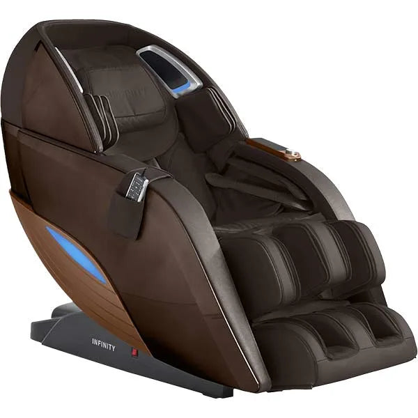 Infinity Dynasty 4D massage chair in brown featuring Zero Gravity recline, L-Track roller system, full body air compression, and advanced foot reflexology massage