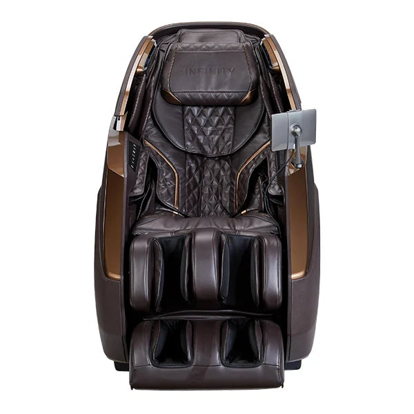 Front view of the Infinity Imperial Syner-D 4D massage chair in brown featuring dual track massage technology, Zero Gravity recline, deep tissue rollers, and full-body pain relief