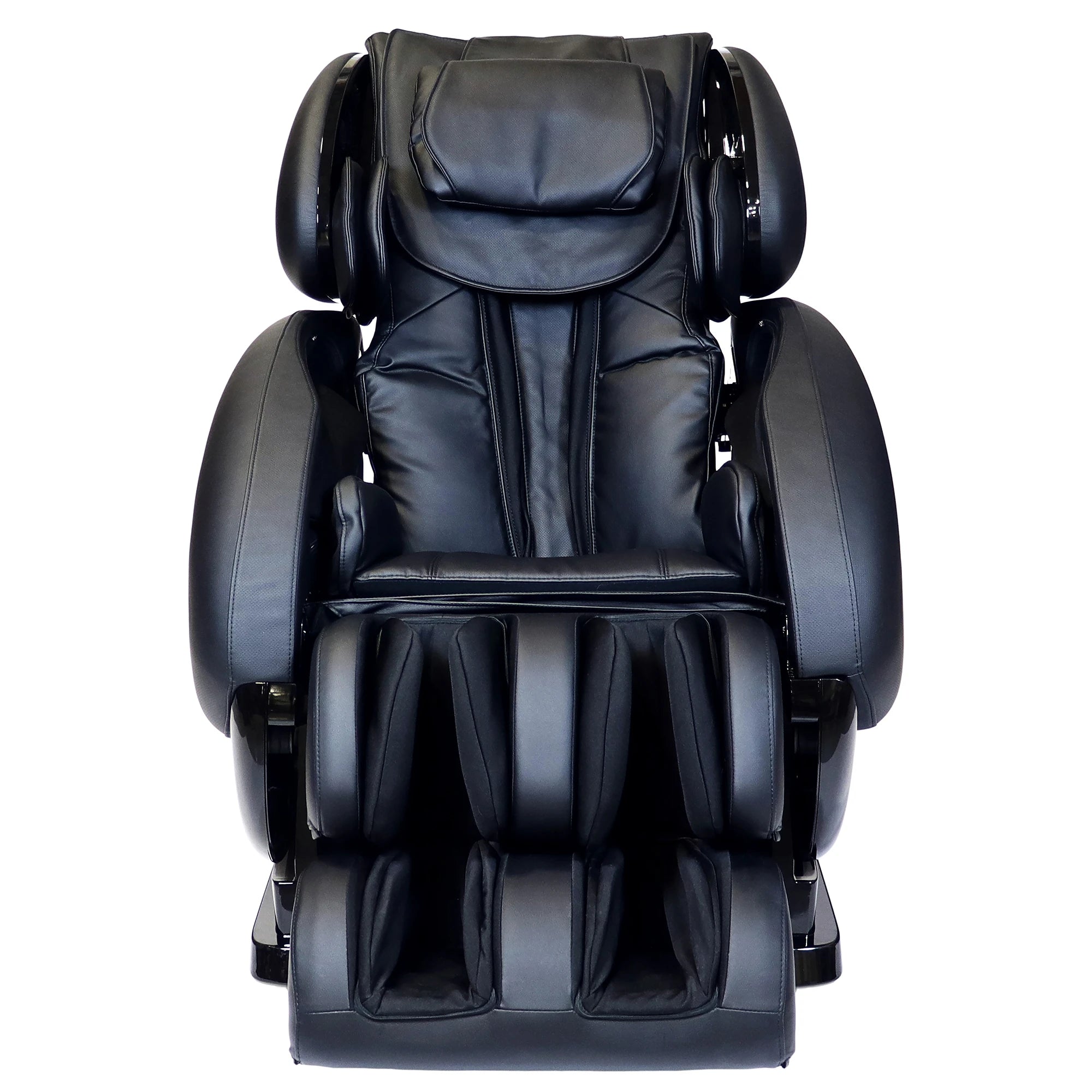 Front view of the Infinity IT-8500 Plus massage chair in black featuring S-Track roller system, Zero Gravity recline, full-body air compression, and calf and foot massage
