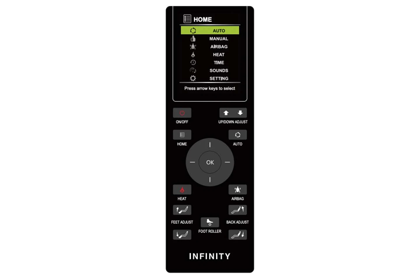 Infinity IT-8500 Plus massage chair remote control showing auto, heat, airbag, and foot roller settings
