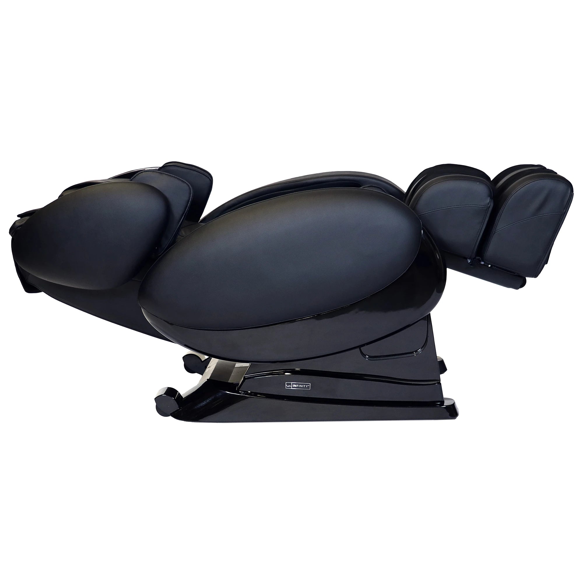 Side view of the Infinity IT-8500 Plus massage chair in black fully reclined in Zero Gravity position