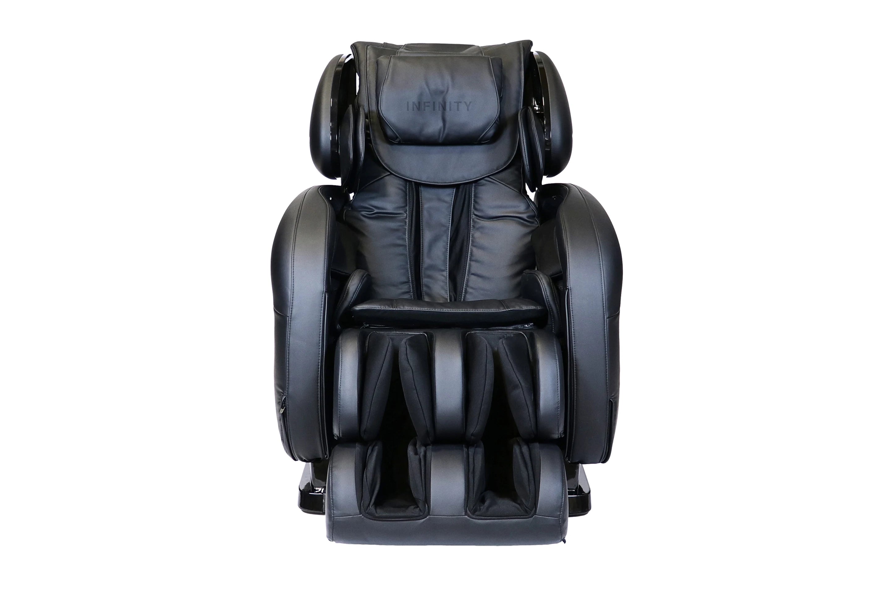 Front view of the Infinity Smart Chair X3 black 3D/4D massage chair featuring spinal decompression, Zero Gravity recline, foot rollers, and full-body back pain relief