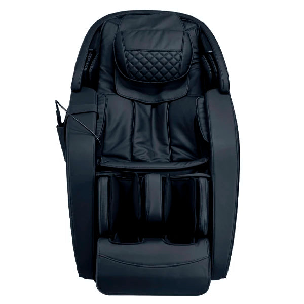 Front view of Kyota Genki M380 massage chair in black showing full body cushioning and foot rollers