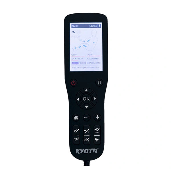 Kyota Genki M380 massage chair remote control showing LCD screen and massage settings