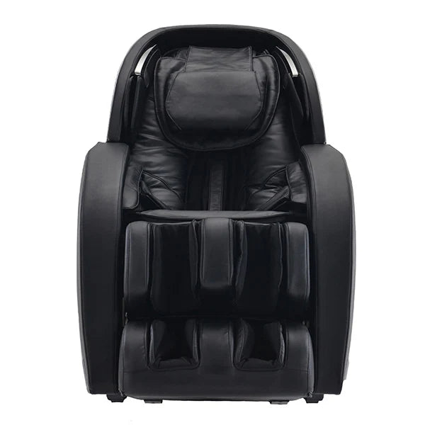 Front view of Kyota Kansha M878 black massage chair showing full body cushioning and leg compression system