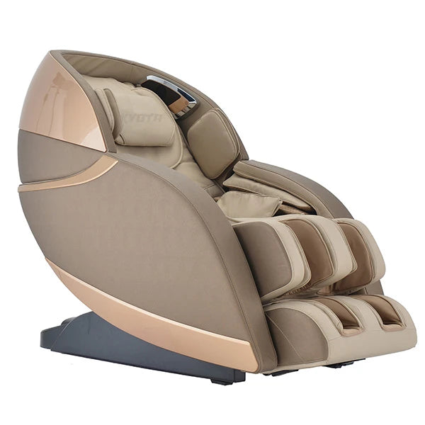 Kyota Kansha M878 massage chair in gold and tan featuring zero gravity recline and full body air compression