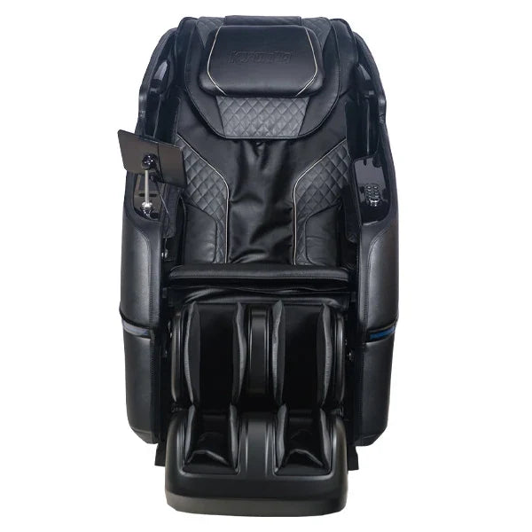 Kyota Kizuna M688 black 4D massage chair front view with tablet holder and foot rollers